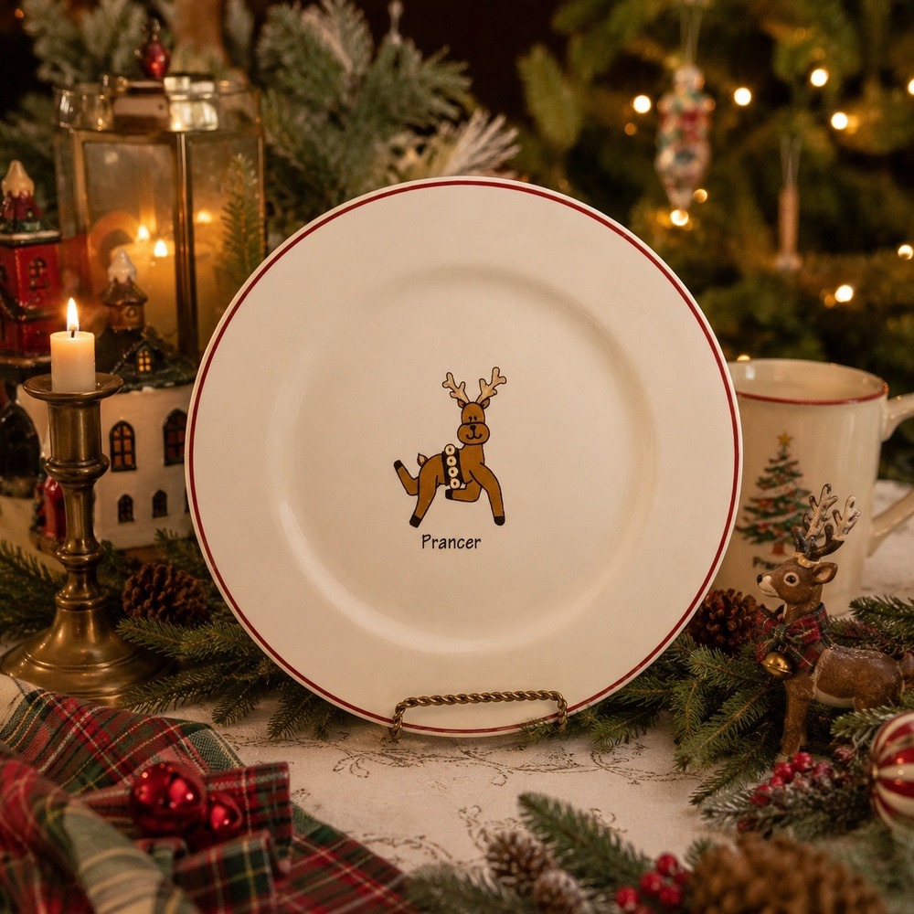 Prancer Reindeer Christmas Plate – Red Trim – Holiday Dinnerware